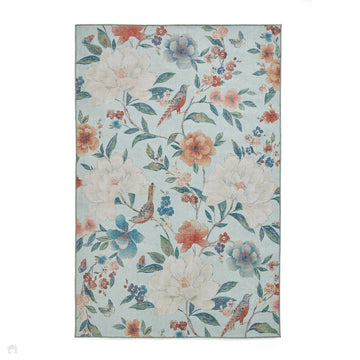 Washable Catherine Lansfield Pipa Floral Lightweight Printed Polyester Flatweave Powder Blue/Coral Red/Terra/Cream Rug-Think Rugs-Rug Love - The Most Loved Rug Store